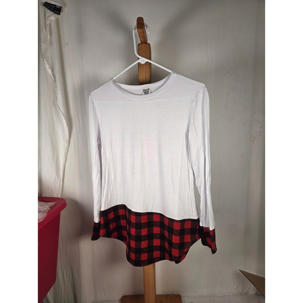Color Bear White Long Sleeve Buffalo Plaid Contrast Hem Top Small Red Black